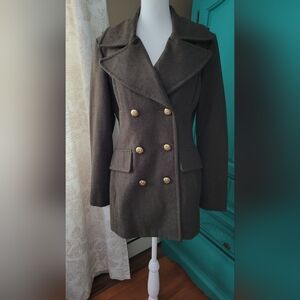 BCBGeneration Dark Brownish Green Military Style Pea Coat with Gold Buttons